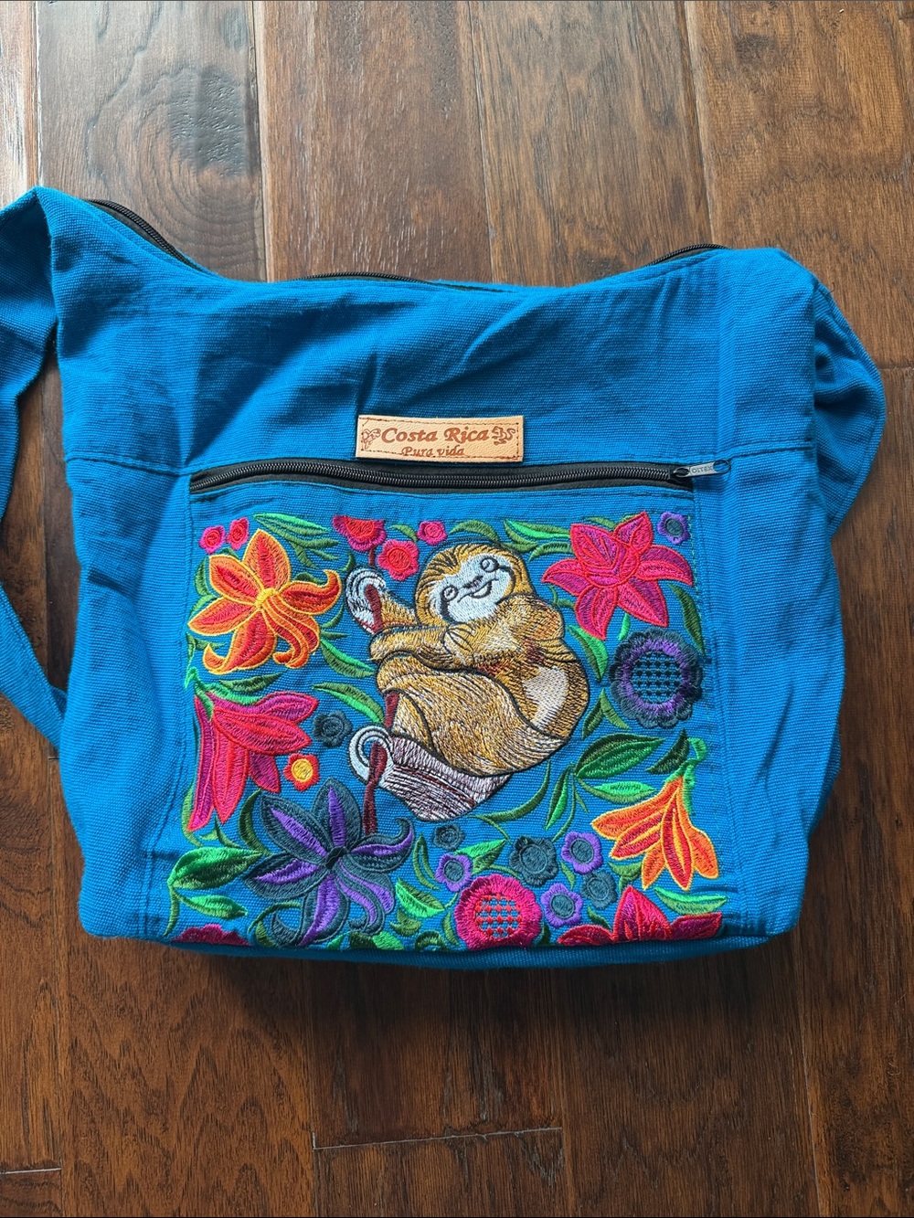 Blue Embroidered Sloth Crossbody Bag
